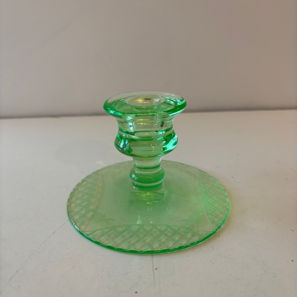 G Vintage Uranium Glass Green Depression Candle Stick Holder